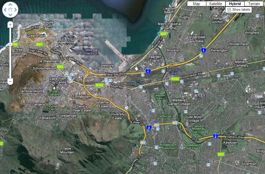 kat jeyografik nan Cape Town satelit