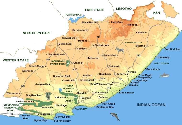 kat jeyografik nan eastern Cape tout ti Bouk